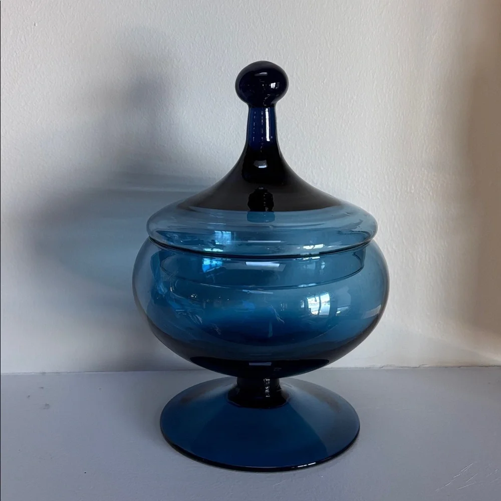Vintage Cobalt Blue Italian Empoli Apothecary Jar Circus Tent Lid Footed Base